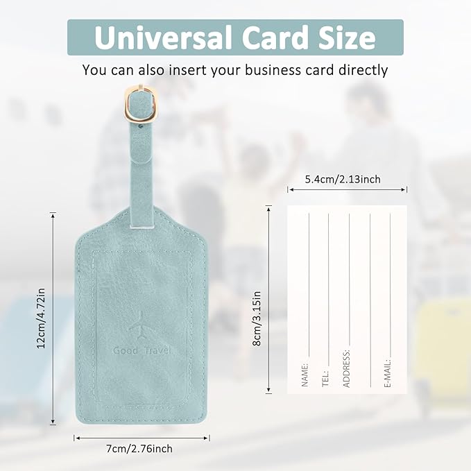 1 Pack Luggage Tag, PU Leather Suitcase Tags Identifiers Privacy Cover ID Label for Travel Bag Suitcase with 2 Pack Luggage Straps for Hats, Bags and Travel Accessories(L-Light Blue)