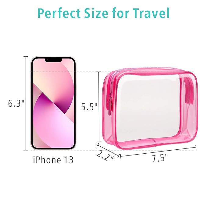 F-color TSA Approved Toiletry Bag 3 Pack Medium - Clear Makeup Bag Travel Quart Size for Women Men, Clear Cosmetic Bag Airport Airline Compliant Carry on Bag, Rose Red