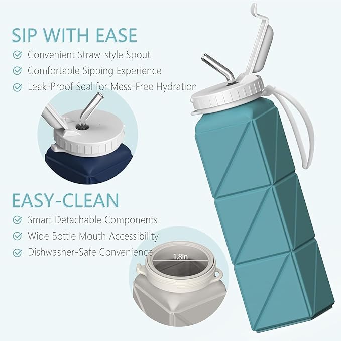 Collapsible Water Bottles 20.6oz 2 Pack, Silicone Foldable Portable Water Bottle, BPA-Free, Leakproof Reusable for Travel Camping Hiking Cycling Yoga Sports Outdoor (Blue+DarkBlue)