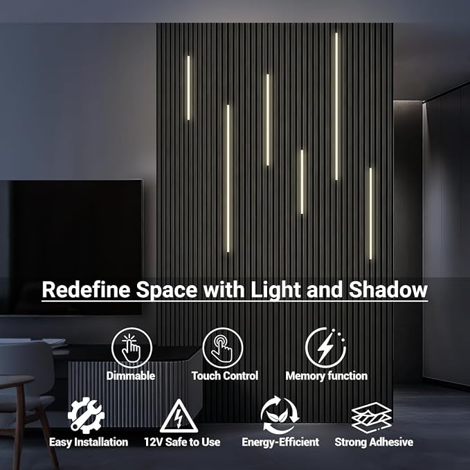 HAMRVL LED Recessed Lighting Wall Panel Lights, 6PCS 4000k Natural White Adhesive Slat Wall Lights with Touch Switch, Wall LED Light for Bedroom, Living Room, Studio, Kitchen Cabinets, Acoustic Walls