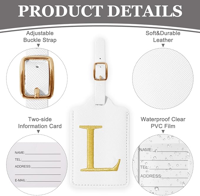 Personalized Initial Luggage Tags for Suitcases,Leather Letter Cute Luggage Tags with Privacy Name Card,Embroidered Monogrammed Travel Bag Backpack Tag Gifts for Women Kids Girls Teens(White-L)
