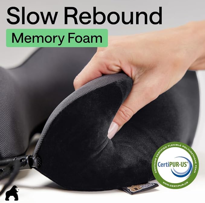 GORILLA GRIP Travel Neck Pillow for Airplanes, CertiPUR-US® Memory Foam Cooling Mesh Pillows, Soft Velvet Washable Cover, Support Headrest for Sleeping, Traveling Essentials Flight Accessories, Black