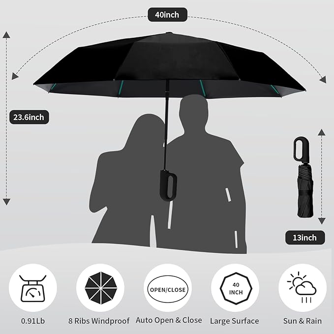 Compact Automatic Folding Travel Umbrella-Windproof Rainproof, PF50+ Sun Protection for Hiking,Outdoor,Chool,Golf Course & Daily Use,Sturdy Multi-Ribbed Frame