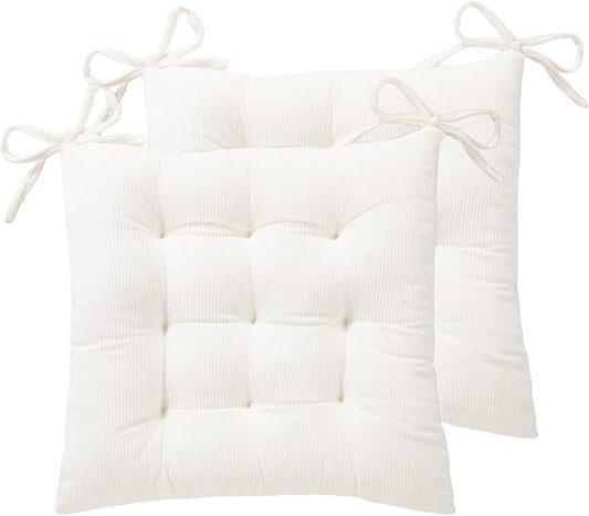 HLOVME Corduroy Chair Cushion with Ties Ultra Soft Warm Floor Cushion for Kids Reading Nook Comfortable Square Seat Cushion for Adult 15.7”x15.7” Set of 2, White