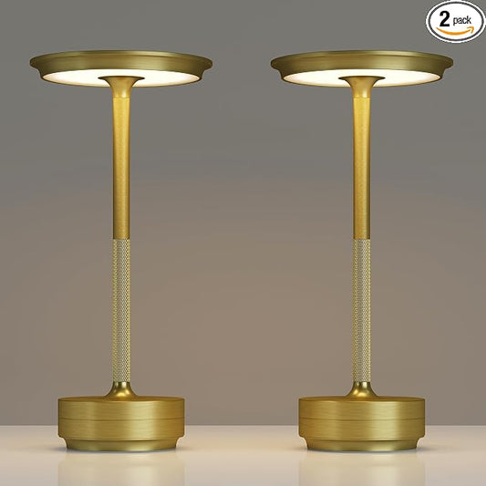 TBBGA 2 Pack Rechargeable Cordless Table Lamp, 5000mAh Battery Table Light | 3 Color Stepless Dimming Portable LED Table Light with Memory Function, for Outdoor/Dinner/Patio/Restaurant.(Gold)