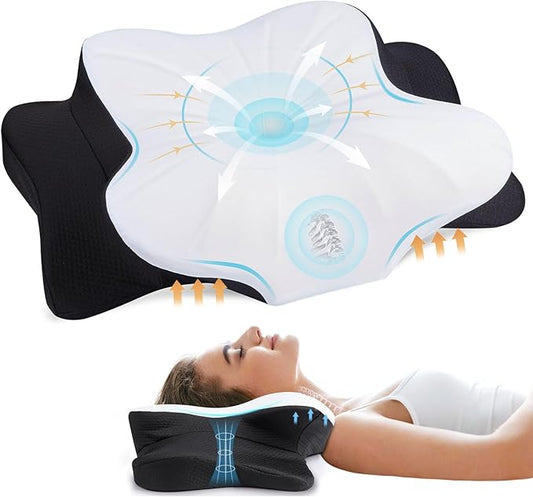 Cervical Neck Pillow for Neck & Shoulder, Ergonomic Contour Memory Foam Pillows for Sleeping with Washable Pillowcase, Neck Support Pillow for Back Stomach Side Sleeper Standard Size Black