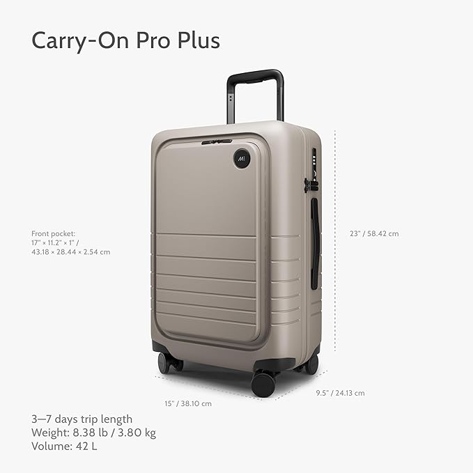Monos Carry-On Pro Plus Luggage (23"), Hardside Spinner Suitcase with TSA Lock & Front Pocket, Airline Approved, Desert Taupe, Beige