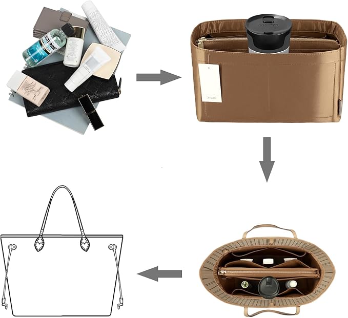 Purse Organizer Insert For Handbags, Purse Organizer With Zipper, Neverfull Organizer, Bag Organizer For Speedy Neverfull ONTHEGO Tote, Handbag and More (Silky Brown, Medium)