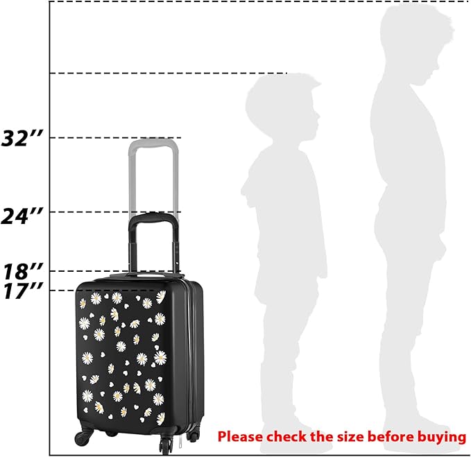 Redbaker 17 Inch 6 Pcs Kids Luggage Set Kids Rolling Luggage Double Pattern Suitcase for Boys Girls (Black, Daisy Style)