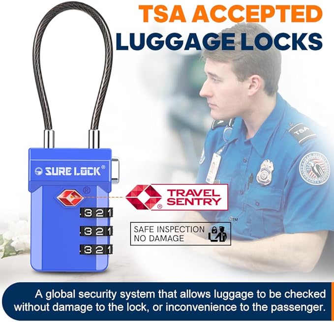 SURE LOCK TSA Approved Luggage Locks – 3-Digit Combination Cable Lock with Red Indicator, Large Dial & Easy-Press Button for Suitcases and Backpacks – Multi-Pack & Color Options