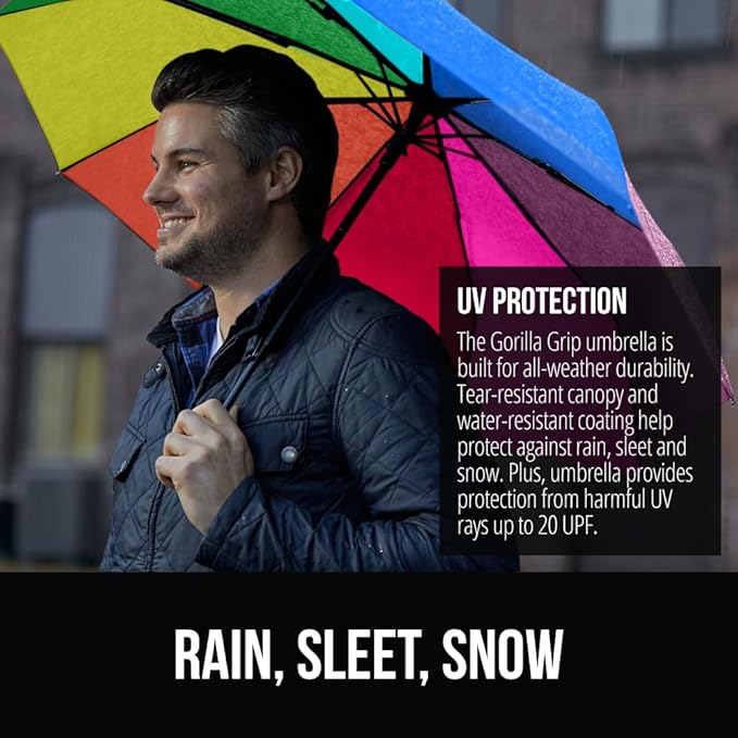 GORILLA GRIP Strong Windproof Stick Compact Umbrella for Rain, One-Click Automatic Open and Close, Durable Quick Dry Waterproof Material, Lightweight and Portable, Travel Size Fits Backpack, Rainbow