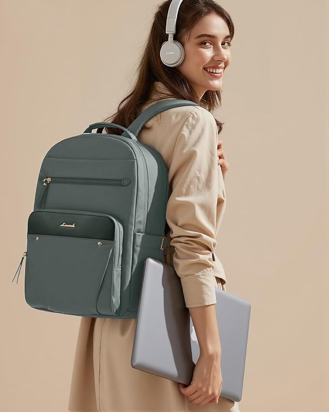 LOVEVOOK Laptop Backpack for Women with Leather Trim & Tumbler Pockets, 15.6" Work Backpack Purse, Travel Personal Item Bag, Carry On Business Computer Bag for Office, School, or Gift, Sage Green