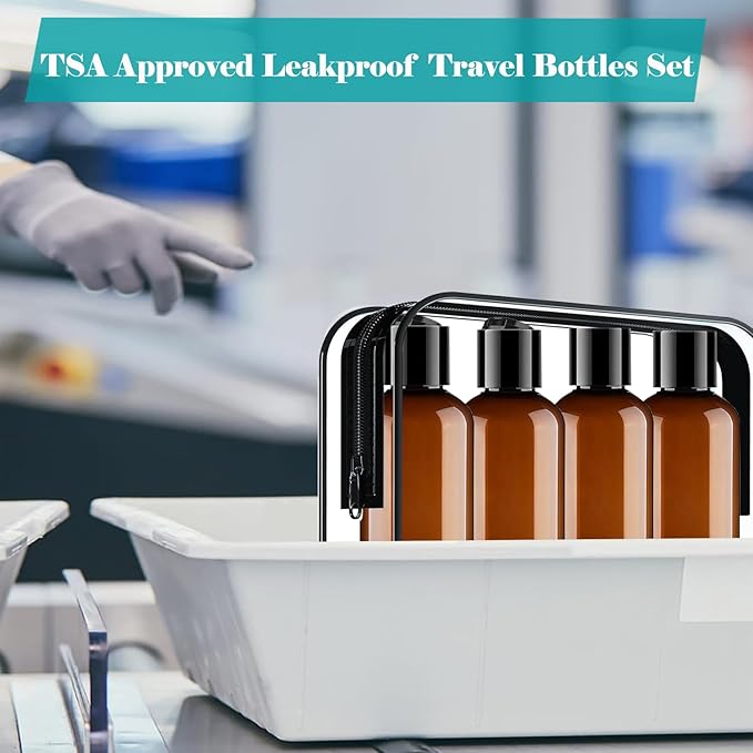 Moonlik Toiletry Travel Bottles, 4Pack 3.4oz/100ml - Squeezable Plastic Containers with Flip Caps - Refillable Cosmetic Kit for Shampoo, Conditioner, Lotion, and Travel Essential- Brown