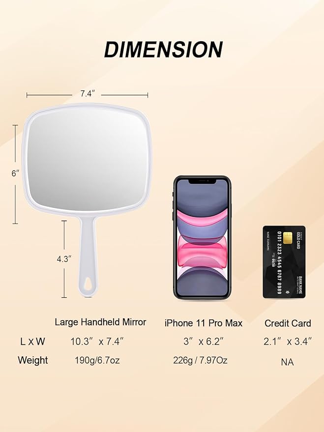 Gladmart Hand Mirror,10.3" L x 7.4" W Handheld Mirror with Handle for Barber Hairdressing,Square White