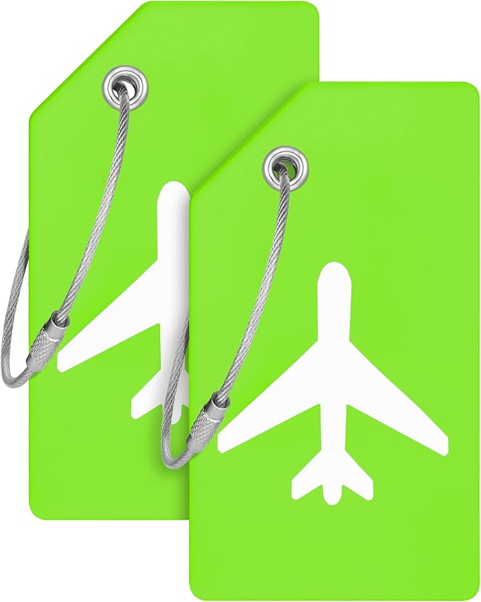 Mifflin-USA Silicone Luggage Tags (Green, 2 Pack) with Plane Embedded Design & Name ID Card; Bright Colors to Quickly Find Your Bag