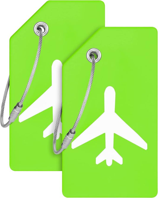 Mifflin-USA Silicone Luggage Tags (Green, 2 Pack) with Plane Embedded Design & Name ID Card; Bright Colors to Quickly Find Your Bag