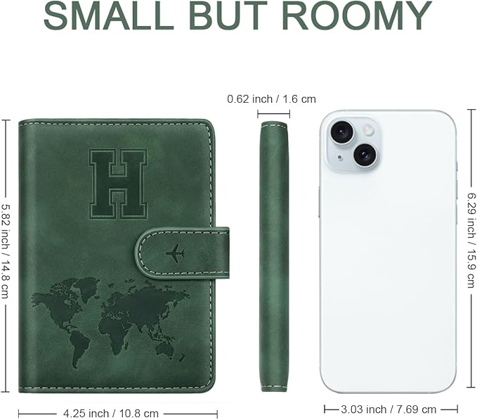 Personalized H Passport Holder Cover Initial Letter Travel Wallet RFID Blocking Passport Cover Credit Card Holder Case Passport Book Holders for Women and Men, Pine Green-H