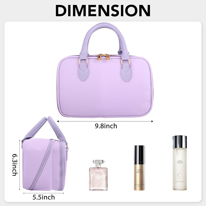 Travel Makeup Bag for Women Fashion Large Capacity Pouch Open Flat Cosmetic Portable Organizer Waterproof Large Opening Storage Toiletry Bags Vertical Free-Standing Brush Holder for Easy Access Purple