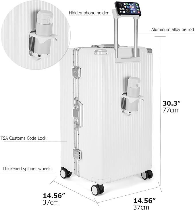feilario 30in Super Large Captain Aluminum Frame Hardside Spinner Wheels Luggage, Removable Wheels Zipperless Checked Suitcase with Cup Holder/Phone Holder (Ivory White,30in)