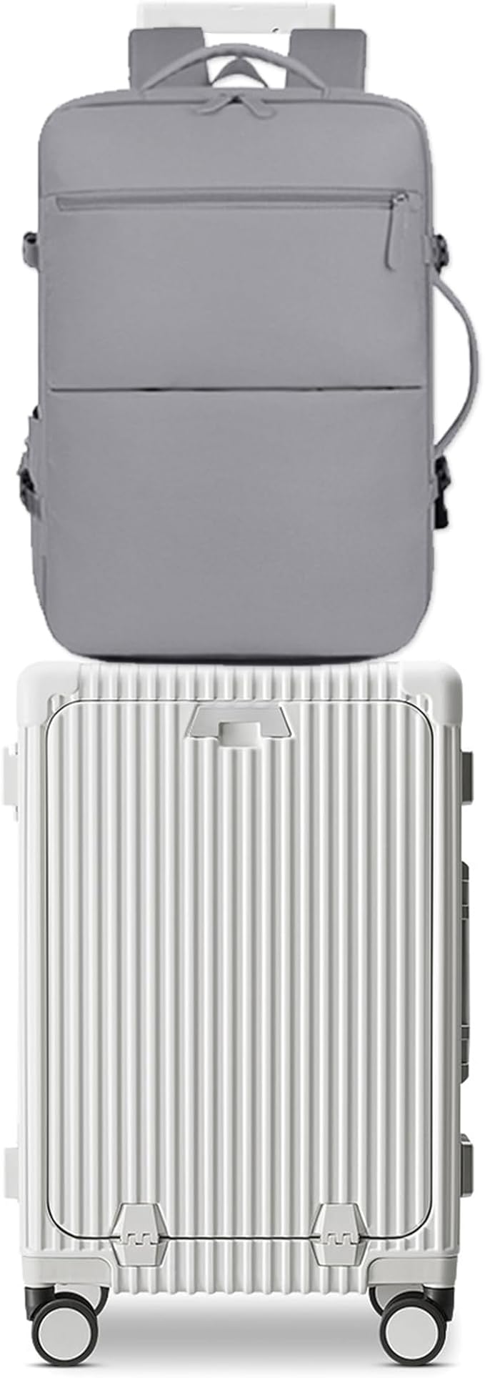 feilario 2 Piece Set Aluminium Frame PC Hard Shell Spinner Wheels Luggage,20.8"X15"X8.7 Airline Approved Built-In TSA lock Carry on Suitcase, with Cup Holder, USB Port, Phone Holder