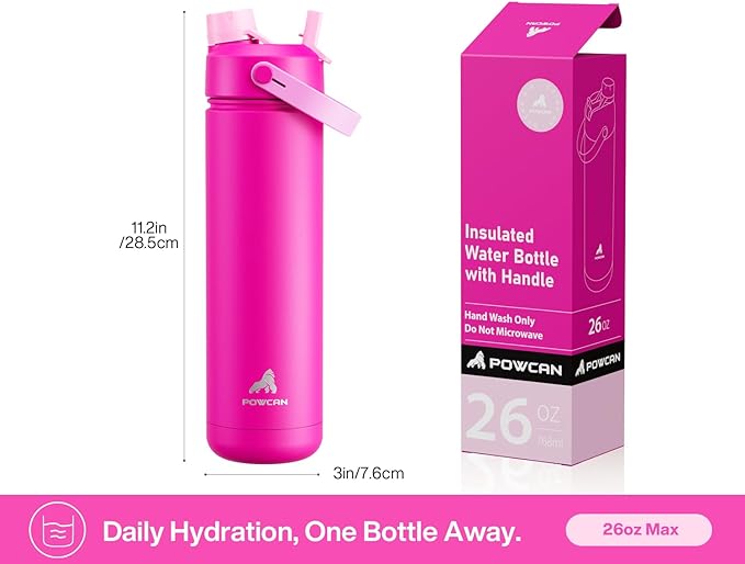 POWCAN 26 oz Insulated Water Bottle with 2-in-1 Straw and Spout Lid, Keep Cold 24H, Leak-Proof, Fits in Car Cup Holder, Stainless Steel Water Bottle for Sports, Travel, Gym, Gift, and School (Peony)