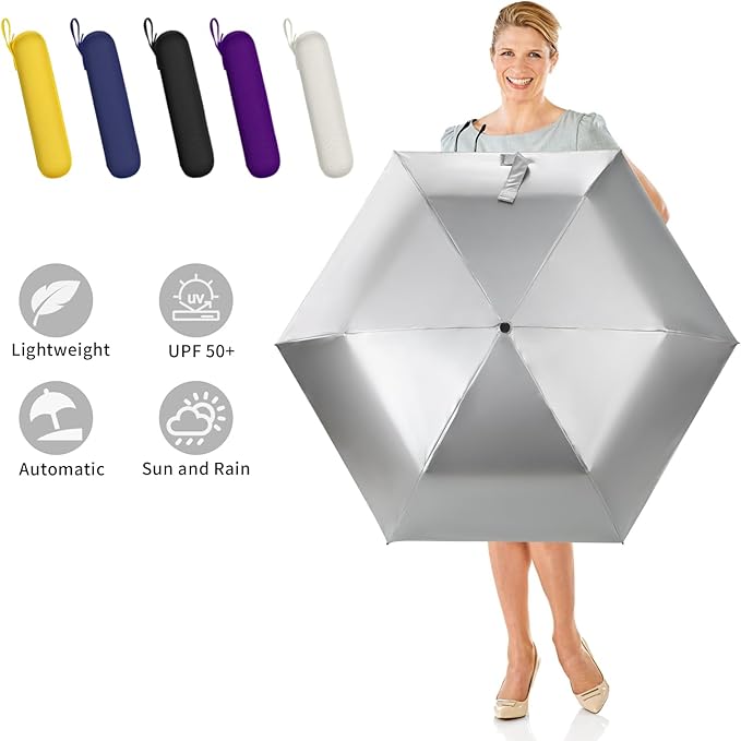 GAOYAING Mini Compact Travel Umbrella with Reflective Safety Stripes, Portable Folding Design with Case