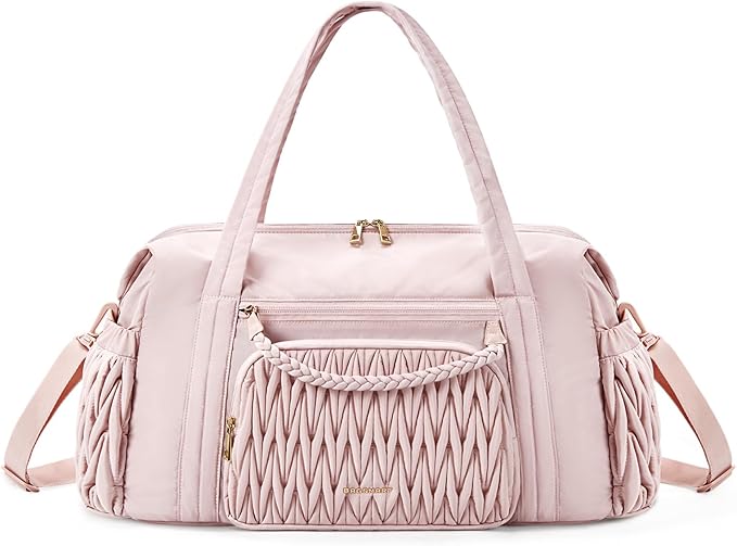 BAGSMART Quilted Duffle Bag for Women, Weekender Overnight Gym Travel Carry-On Bag, Pink