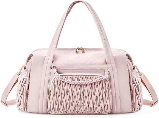 BAGSMART Quilted Duffle Bag for Women, Weekender Overnight Gym Travel Carry-On Bag, Pink