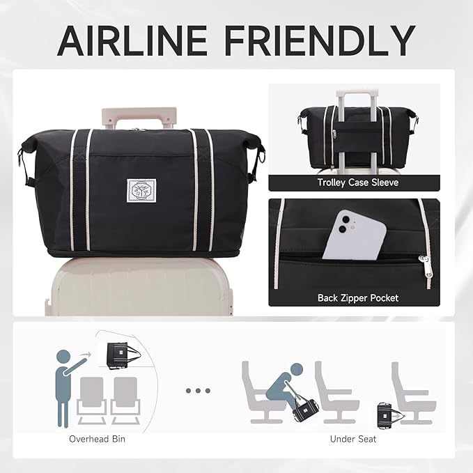 WALNEW Travel Duffel Bag, Weekender Overnight Carry On Bag for Women Men, Foldable Waterproof Gym Luggage with Metal Buckle Detachable Shoulder Strap and Wet Compartment (Black)
