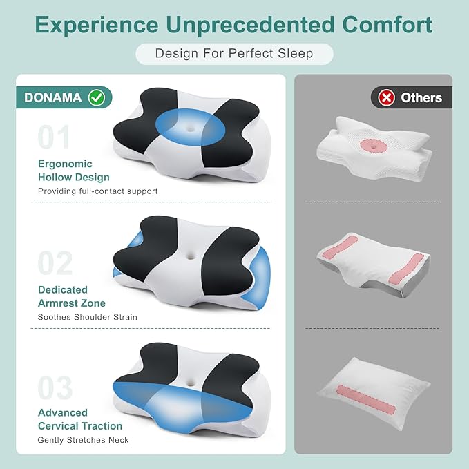 DONAMA Cervical Neck Pillow- Ergonomic Pillows for Pain Relief, Contour Memory Foam Pillow for Side/Back/Stomach Sleepers, CertiPUR-US Certified with Cooling Ice Silk Pillowcase