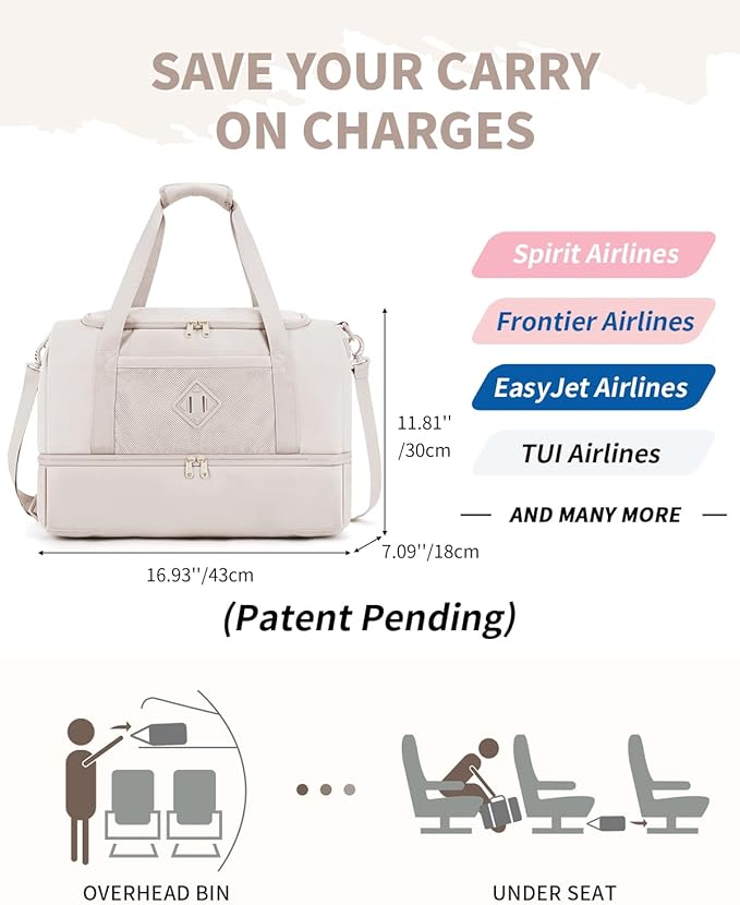 WANDF Travel Duffel Bag with Wet Pocket & Shoe Compartment, 18x14x8 Personal Item Bag with USB Charging Port, Water-Resistant Gym Weekender Overnight Carry-on for Women Men (Beige)