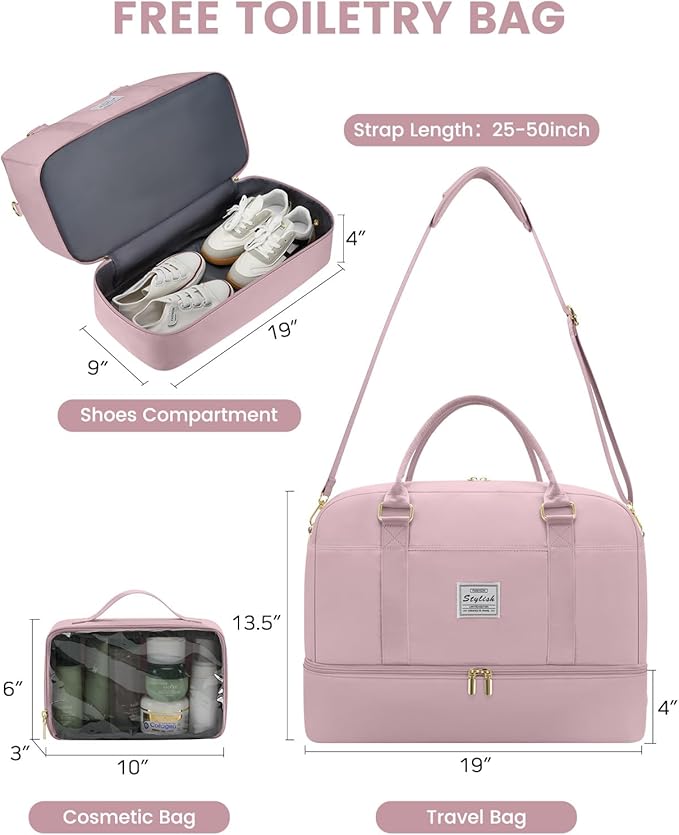 Weekender Travel Duffle Bag for Women: Overnight Bags with Shoe Compartment Carry on Bags for Airplanes with Toiletry Bag Weekend Yoga Gym Bag with Wet Pocket Travel Duffel Tote Bag Hospital Bag Pink