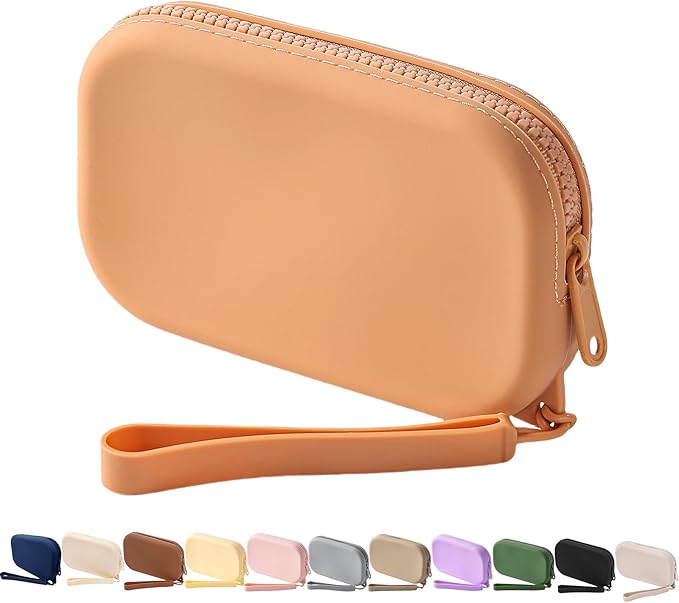 Small Silicone Multifunctional Essential Bag Portable Travel Makeup Bag for Women Men Cards Cash Bag Zipper Pouch (Light Brown)