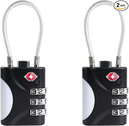 TSA Approved Luggage Locks - Small Combo Travel Padlock with Cable, TSA 007 Suitcase & Backpack Security, Durable & Easy to Use (Black+Black)