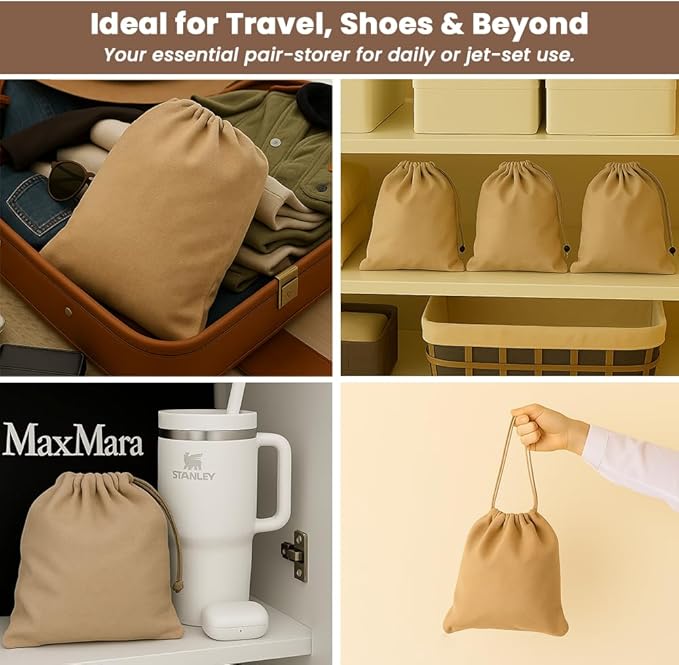 LFH Cotton Rich Shoe Storage Bags with Drawstring, Dustproof Breathable Reusable Organizer, Perfect For Travel, Dorm, Hotel, College, Gym, Easy to Carry, Machine Washable 8"x17" (Pack of 2) - Beige