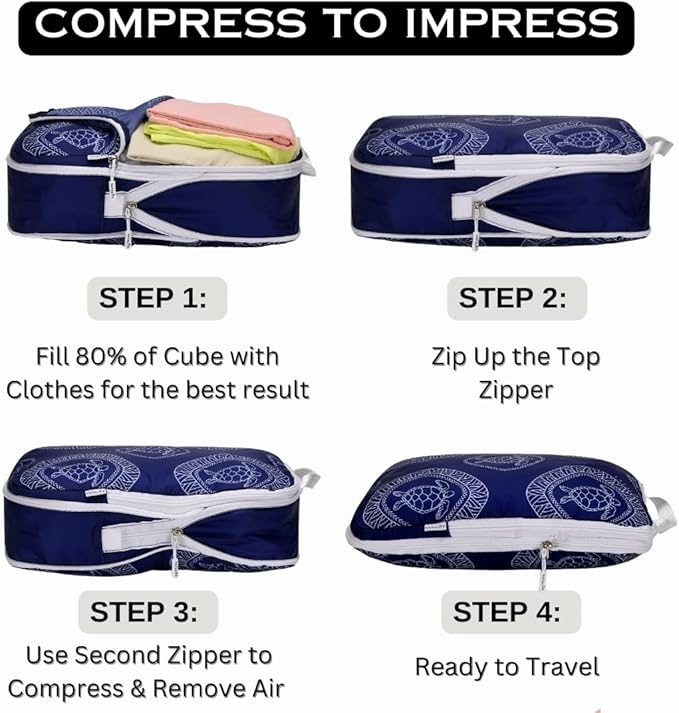 Compression Packing Cubes for Kids & Adults, Compressible Carry On Suit Case Organizer Luggage Kids Packing Cubes for Baby Bag Organizer Pouches for Luggage Blue Turtle 3pc Set