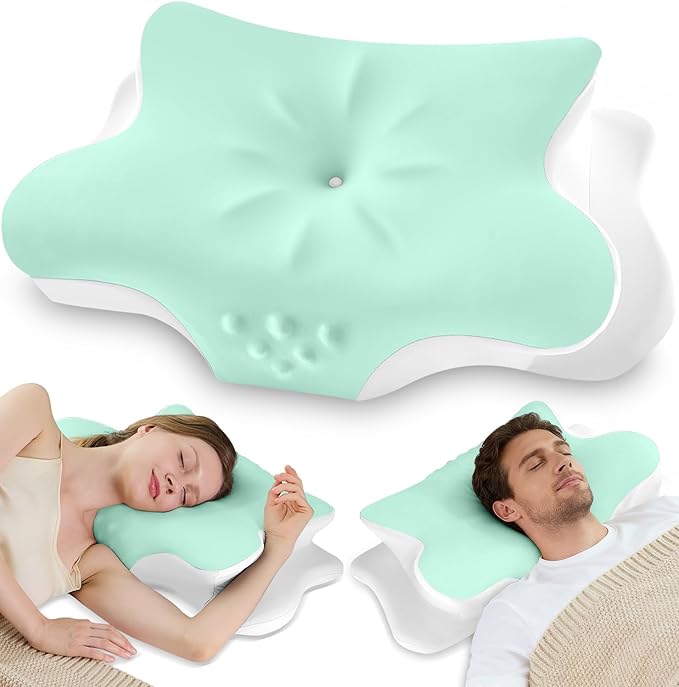 Cervical Neck Pillow for Pain Relief – Ergonomic Memory Foam Pillow for Side Sleeper Contour Orthopedic Bed Pillow for Neck Support with Cooling Cover – Ideal Christmas Birthday Gift for Women - Green