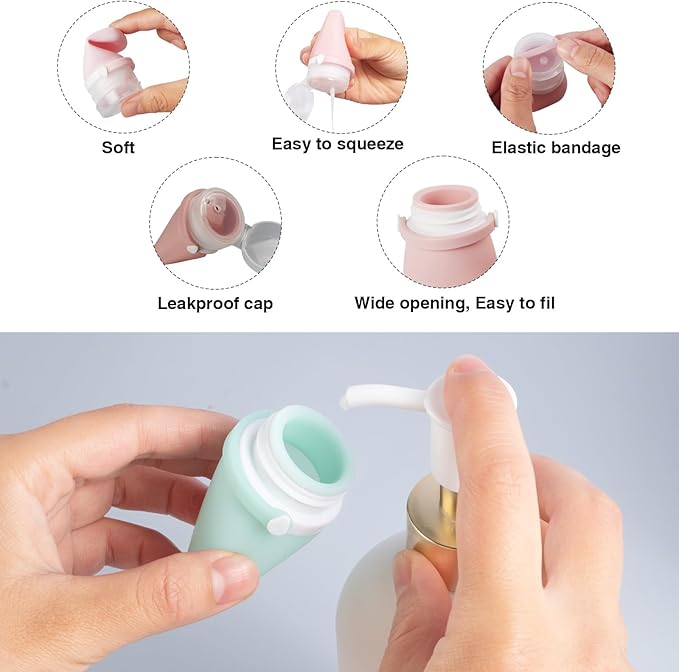 1oz Silicone Travel Bottles for Toiletries (4-Pack), TSA Approved Leakproof Toiletry Bottles with Locking Lid, Refillable Travel Size Containers for Shampoo, Body Wash, Camping & Trips (White,Green)