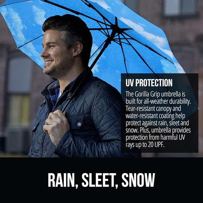 GORILLA GRIP Strong Windproof Stick Compact Umbrella for Rain, One-Click Automatic Open and Close, Durable Quick Dry Waterproof Material, Lightweight and Portable, Travel Size Fits Backpack, Sky Blue