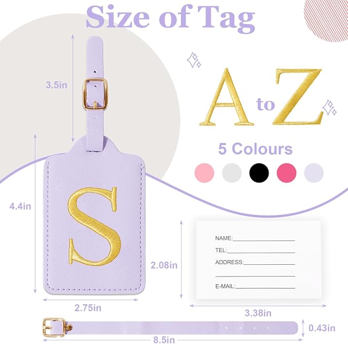 Personalized Initial Luggage Tags for Suitcases,Leather Letter Cute Luggage Tags with Privacy Name Card,Embroidered Monogrammed Travel Bag Backpack Tag Gifts for Women Kids Girls Teens(Purple-S)