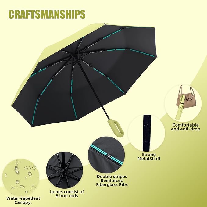 Compact Automatic Folding Travel Umbrella-Windproof Rainproof, PF50+ Sun Protection for Hiking,Outdoor,Chool,Golf Course & Daily Use,Sturdy Multi-Ribbed Frame