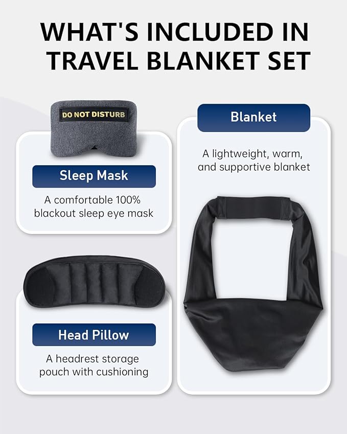 Travel Pillow and Blanket Set, Compact Airplane Pillow Bag with Eye Mask for Long Flights Sleeping, 360° Support Head Strap Travel Essentials for Plane Car Sleep Neck Upright, Stop Bobblehead (Grey)