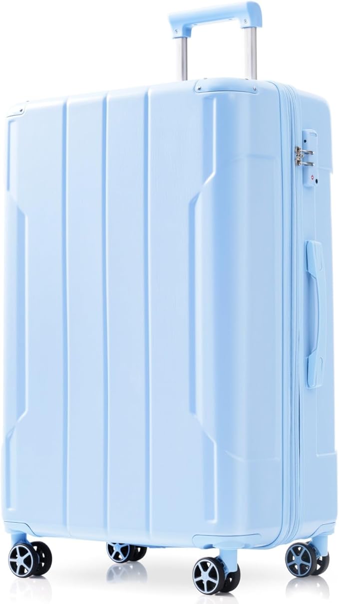 24 Inch Checked-Large Luggage, Lightweight ABS Hard Shell Suitcase with Spinner Wheels, Expandable Travel Luggage with Combination Lock & Side Hooks for Men Women, Sky Blue