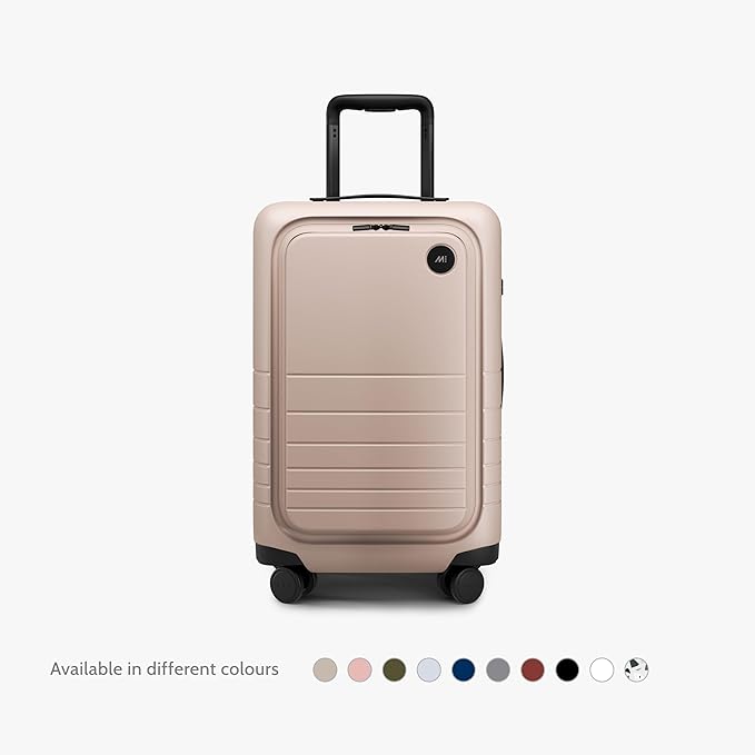 Monos Carry-On Pro Plus Luggage (23"), Hardside Spinner Suitcase with TSA Lock & Front Pocket, Airline Approved, Rose Quartz, Pink