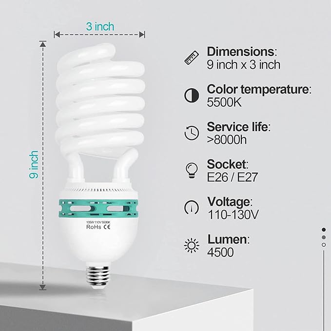 EMART Full Spectrum Light Bulb, 105W CFL Light Bulbs for Photography 4Pack | 5500K E26/E27 Spiral Light Bulbs for Softbox Lighting Kit, Replacement Lamp for Video Studio, Household Use, Portrait Photo