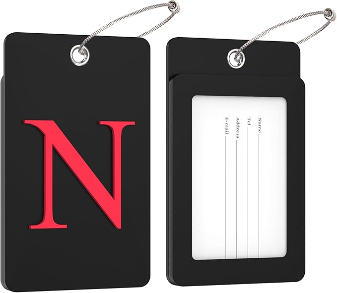 Gostwo 2 Pack Luggage Tags for Suitcases, 26 Initial Letter Travel Luggage Baggage Identification Labels ID Tag Fully Bendable Tags with Stainless Steel Loop (Black) (Letter N)