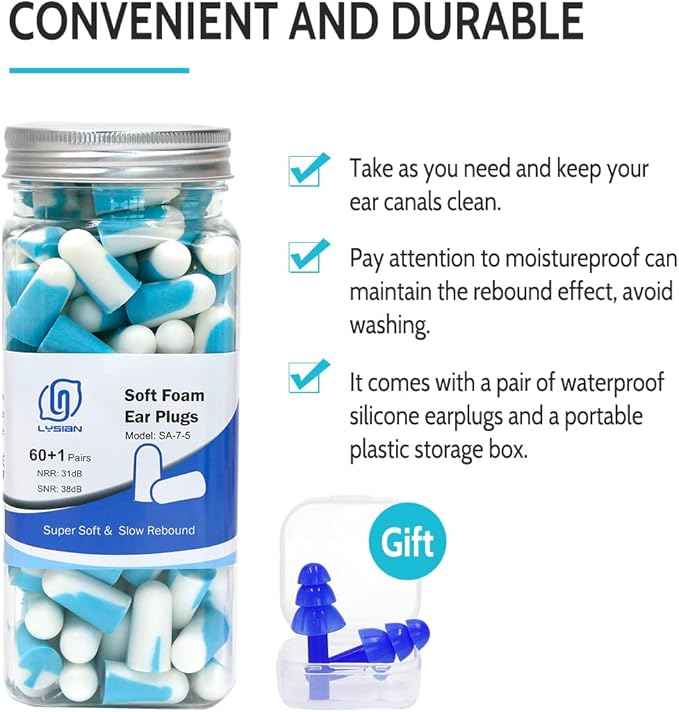 LYSIAN Ultra Soft Noise Cancelling Earplugs for Sleep, Disposable Foam Ear Plugs for Sleeping, Snoring, Shooting, Deep Focus & All Loud Sound - 60 Pairs|SNR 38dB Noise Reduction|Hearing Protection