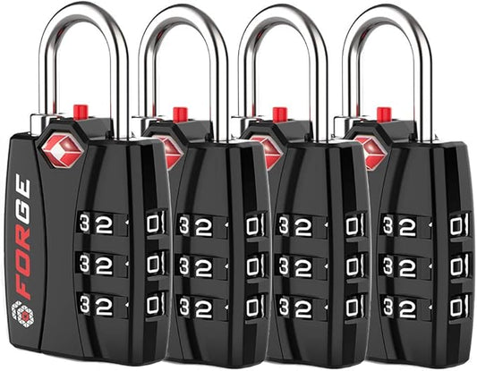 Forge Open Alert TSA Approved Luggage Locks - 3 Digit Combination, Easy Read Dials, Zinc Alloy Body - Ideal Travel Lock for Luggage, Suitcases, Bags & Toolboxes (Black 4 Locks)