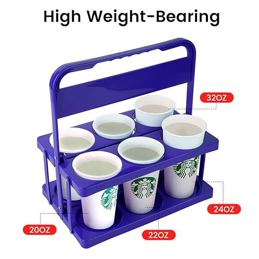 Bodaon 6 Cup Drink Carrier with Handle, Plastic Cup Carriers for Drinks, Drink Holder for Car, Food Delivery Drivers Accessories, Portable Foldable Reusable Mobile, Use for Food Delivery Bag, Purple
