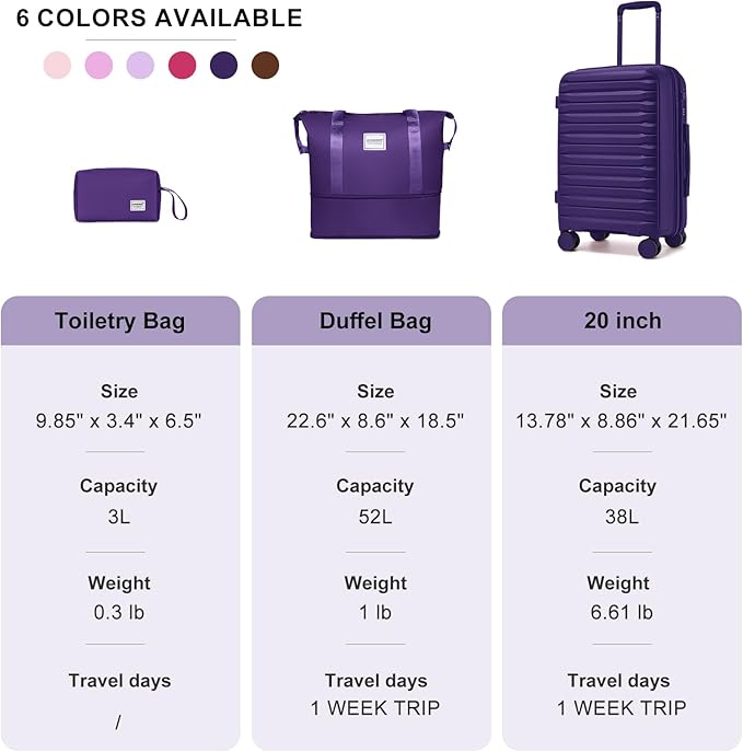 LARVENDER Luggage Sets 3 Piece, Expandable Hardside PP Carry On Luggage Suitcase with 360° Spinner Wheels TSA Lock Suitcase Set for Women Men, Grape Purple